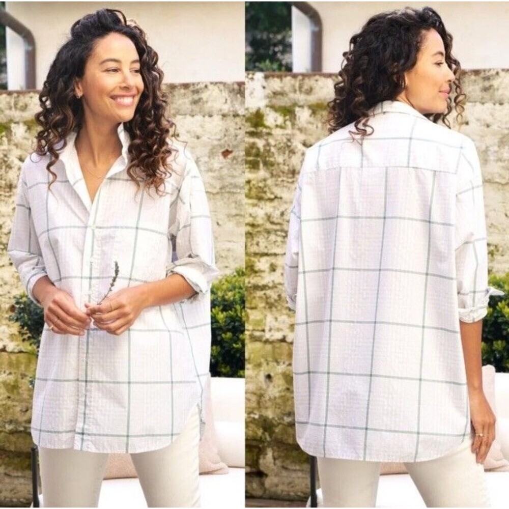 Frank & Eileen Shirley Oversized Shirt Multi Check Cotton Linen Sand Green M
